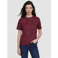 LC Waikiki Mürdüm Bisiklet Yaka Taşlı Kadın Süet Görünümlü Tişört