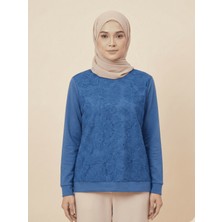 Modarte Kadın Tesettür Sweatshirt Çiçek Desenli Kabartmalı – Bisiklet Yaka Günlük Sweat Mavi
