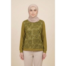 Modarte Kadın Tesettür Sweatshirt Çiçek Desenli Kabartmalı – Bisiklet Yaka Günlük Sweat Yağ Yeşili