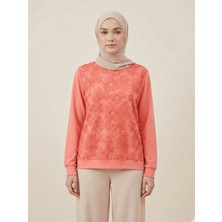 Modarte Kadın Tesettür Sweatshirt Çiçek Desenli Kabartmalı – Bisiklet Yaka Günlük Sweat Somon