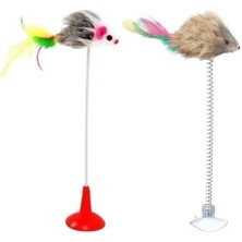 Aesco 2li Vantuzlu Fareli Tüylü Hareketli Çanlı ve Esneyen Eğlenceli Peluş Kedi Oyuncağı