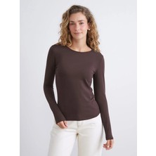 LC Waikiki Kahverengi Büyük Beden Bisiklet Yaka Kadın Body