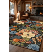 Kilim Home Koyu Zemin Çiçekli Halı Modern Floral Desenli Salon Oturma Odası Halısı