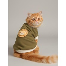 Kemique Minik Aslan Kedi Sweatshirt Haki Sıcak Tutan Yumuşak Kedi Kıyafeti