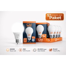 CM 9W 6500K Beyaz Işık LED Ampul 5’li Paket E27 Duy Yüksek Parlaklık Tasarruflu