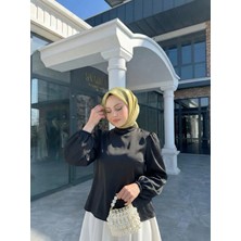 Foremia Arka Fermuar Detay Saten Tunik-Siyah -