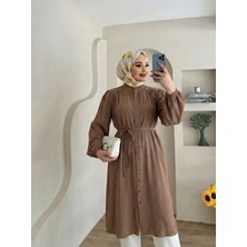 Foremia Hakim Yaka Omuz Büzgü Uzun Tunik-Kahve -