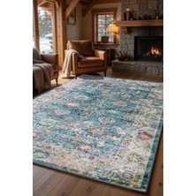 Kilim Home Turkuaz Vintage Eskitme Salon Halısı Klasik Desenli Kaymaz Taban Modern Halı