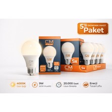 CM 9W 4000K Gün Işığı LED Ampul 5’li Paket E27 Duy Tasarruflu Uzun Ömürlü