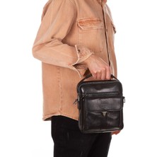 Newish Erkek Hakiki Deri Siyah Çapraz Omuz ve El Çantası NEW338