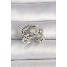 Ett Pirinç Gümüş Renk Ayarlanabilir Zirkon Taşlı Gemici Düğüm Model Kadın Yüzük