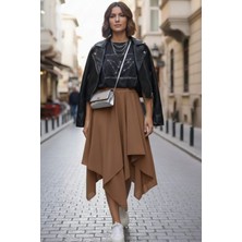 Maksen Tekstil Kadın Asimetrik Muz Krep Beli Lastikli Çift Katlı Rahat Kalıp Etek