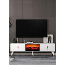 Demonte Decor TV0055-TXA150DD-32 Şömineli Tv Sehpası Beyaz-Altın