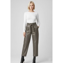 Deriderim Gri Kadın Havuç Kesim Beli Kemerli Astarlı Önde Cepli Hakiki Deri Pantolon