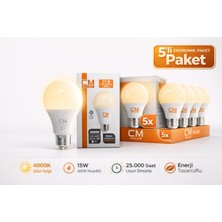 CM 15W 4000K Gün Işığı LED Ampul 5’li Paket E27 Duy Tasarruflu Uz