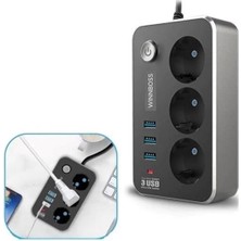 Shoplet Isıya Dayanıklı Termal Akım Korumalı 2 mt 10A 2500W 3lü Priz ve 3 Usbi 21A Uzatma Kablosu