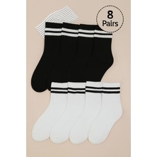 Uzn Socks 8 Çift Unisex Kolej Çorap – Siyah & Beyaz Çizgili Orta Boy Pamuklu Spor Çorap