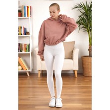 Fancy & Fun Kadın Uzun Kollu 3 Iplik Örme Kumaş Kapüşonlu Crop Sweatshirt