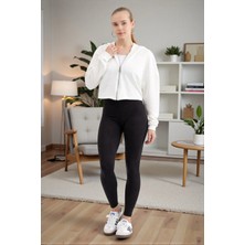 Fancy & Fun Uzun Kollu Kapüşonlu Fermuarlı Crop 3 Iplik Şardonsuz Sweatshirt