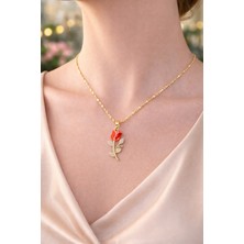 Neora 14K Altın Kaplama  Kırmızı Lale Tasarımlı  Kadın Çelik Kolye