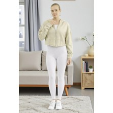 Fancy & Fun Kadın Uzun Kollu Kapüşonlu Fermuarlı Crop 3 Iplik Şardonsuz Sweatshirt