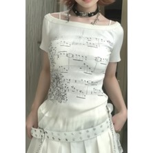 İsra Ayyıldız Moonstar Collection Ekru Nota Desenli Y2K Kısa Kollu Bluz