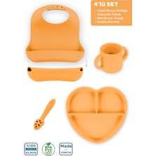 Moki Silikon Beslenme Seti 4'lü Candle Turuncu / Mama Önlüğü, Mama Tabağı, Bandırma Kaşığı, Bardak