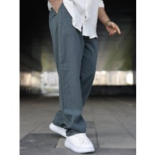 Kastrioti Baggy Geniş Paça Beli Bağcıklı ve Lastikli Keten Pantolon