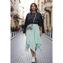 Maksen Tekstil Kadın Asimetrik Muz Krep Beli Lastikli Çift Katlı Rahat Kalıp Etek