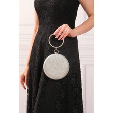 Roza Çanta Kadın Gümüş Simlikum Yuvarlak Abiye Clutch Portföy Çantası