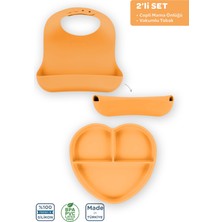 Moki Silikon Beslenme Seti 2'li Candle Turuncu / Mama Önlüğü, Mama Tabağı