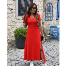 Stelol Kadın Kısa Kollu V Yakalı Maksi Boy Viskon Elbise