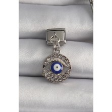 Similar 316L Çelik Gümüş Renk Sallantı Zirkon Taşlı Göz Model Nazar Boncuk Detay Nomination Charm - TJ-BC11