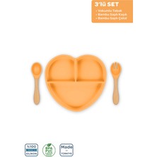 Moki Silikon Beslenme Seti 3'lü Candle Turuncu / Mama Tabağı, Bambu Saplı Mama Kaşığı ve Çatalı