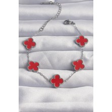 Similar 316L Çelik Gümüş Renk Kırmızı Mineli Yonca Bileklik - TJ-BB6263