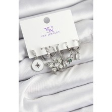 Similar Pirinç Zi̇rkon Taşlı Kelebek ve Yıldız Model Gümüş Renk 3'lü Çift Kadın Küpe - TJ-BKP10958