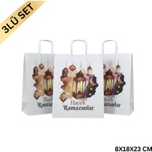 Roco Paper Co. Ramazan Hediyelik Paketleme Çantası, 3lü Paket, Kandil Temalı Kağıt Çanta Seti, 8X18X23 Cm, Beyaz