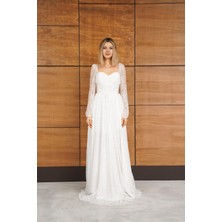 Livanomi Uzun Kollu Dantelli Yırtmaçlı Beyaz Uzun Abiye