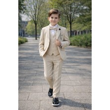 Tarz Çocuk Erkek Çocuk Bej Slim Fit 5’li Takım Elbise – Ceket, Yelek, Pantolon, Gömlek ve Papyon Set