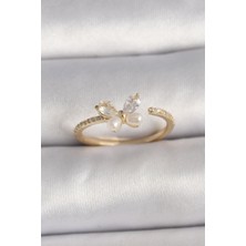 Ett Pirinç Gold Renk Zirkon Taşlı Kelebek Mode Inci Detay Ayarlanabilir Yüzük