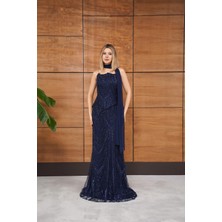 Livanomi Boncuk Işlemeli Ikili Straplez Yaka Lacivert Abiye