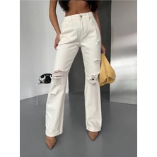 DENİKK Trend Özel Tasarım Wide Leg Denim Rahat Kalıp Paçası Yırtık Püsküllü Jean PANTOLON40226
