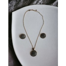 Fayra Accessories Black Diamond Taşlı Daire Kolye ve Küpe Seti