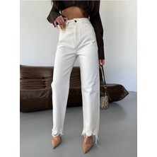 DENİKK Trend Özel Tasarım Wide Leg Denim Rahat Kalıp Paçası Yırtık Püsküllü Jean PANTOLON40226