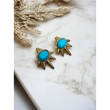 Fayra Accessories Mavi Turkuaz Doğal Taşlı Güneş Figürlü 18 K Altın Kaplama Küpe