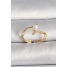 Ett Pirinç Gold Renk Zirkon Taşlı Incili Ayarlanabilir Yüzük