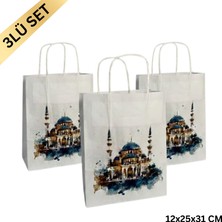 Roco Paper Co. Ramazan Hediyelik Paketleme Çantası, 3 Adet, Cami Tasarımlı Kağıt Çanta Seti, 12X25X31 Cm, Beyaz