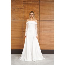 Livanomi Dantelli Uzun Önü Yırtmaçlı Beyaz Abiye