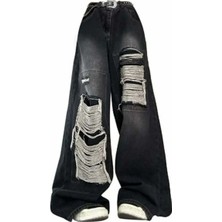 DENİKK Trend Özel Tasarım Yüksek Bel Lazerli Wide Leg Denim Jean Pantlon