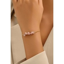 Fayra Accessories Gül Kuvars Taşlı Altın Kaplama Asansör Bileklik
